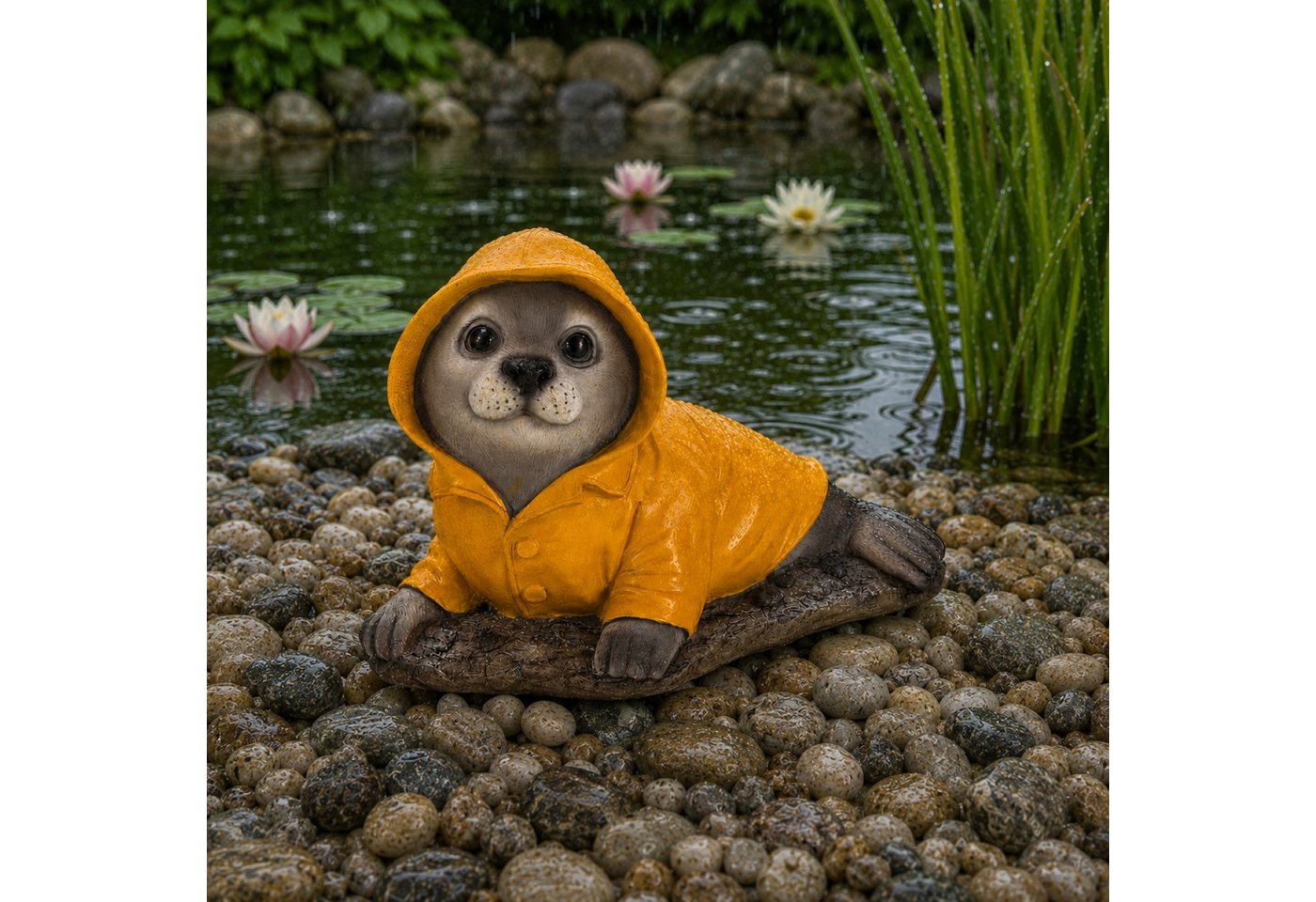 Online-Fuchs Gartenfigur für draußen - Seehund im Regenmantel - Teichdeko - 21,5 cm groß, (Robbe, süßes Design), aus langlebigem Kunstharz gefertigt - wetterfest