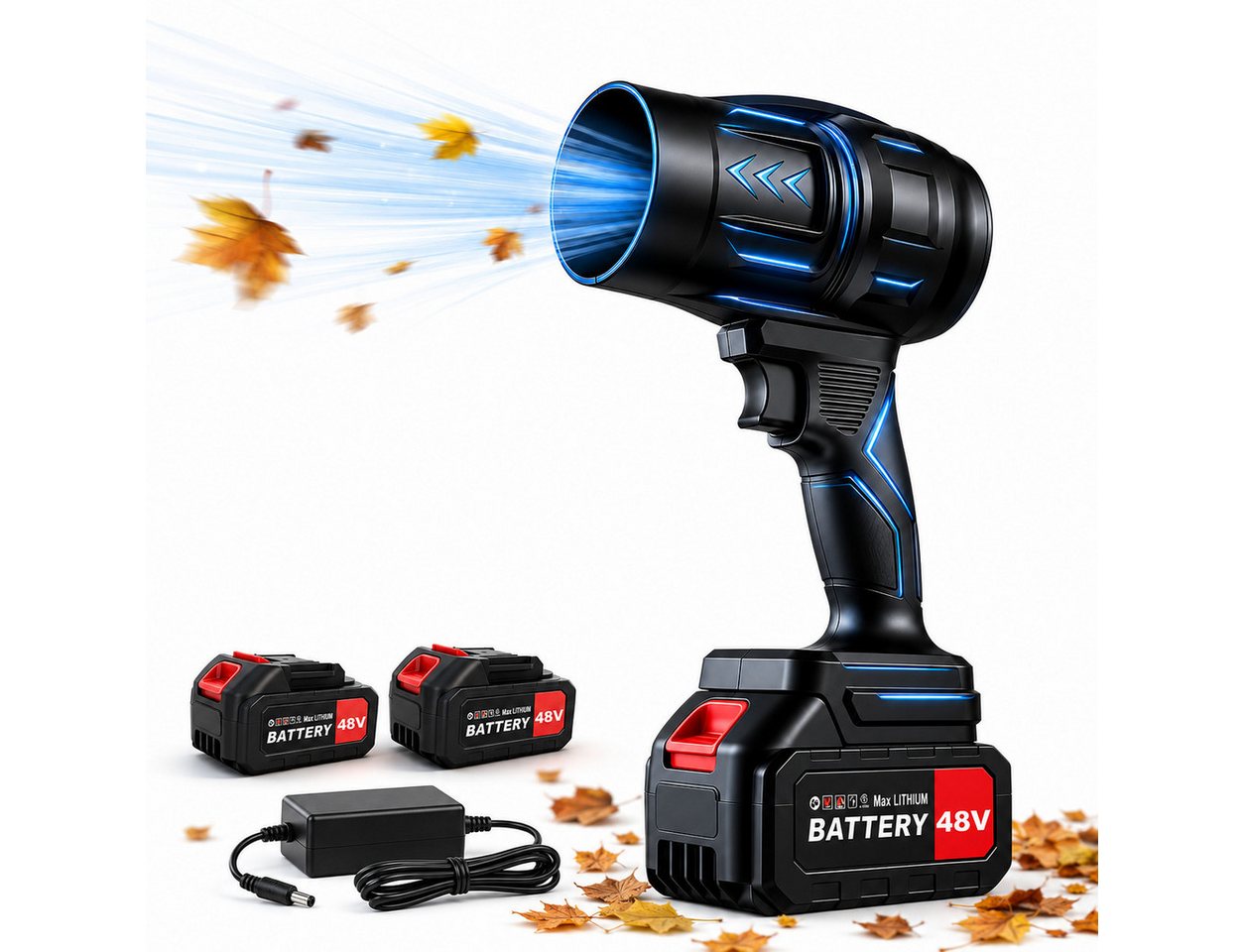 AIBISTAR Akku-Gebläse Elektrischer Laubbläser 2 Akkus, 6 Technologien, vielseitig, stufenlose Drehzahlregelung,2 x 48V Lithium-Akkus,leichtes Design Bild 2