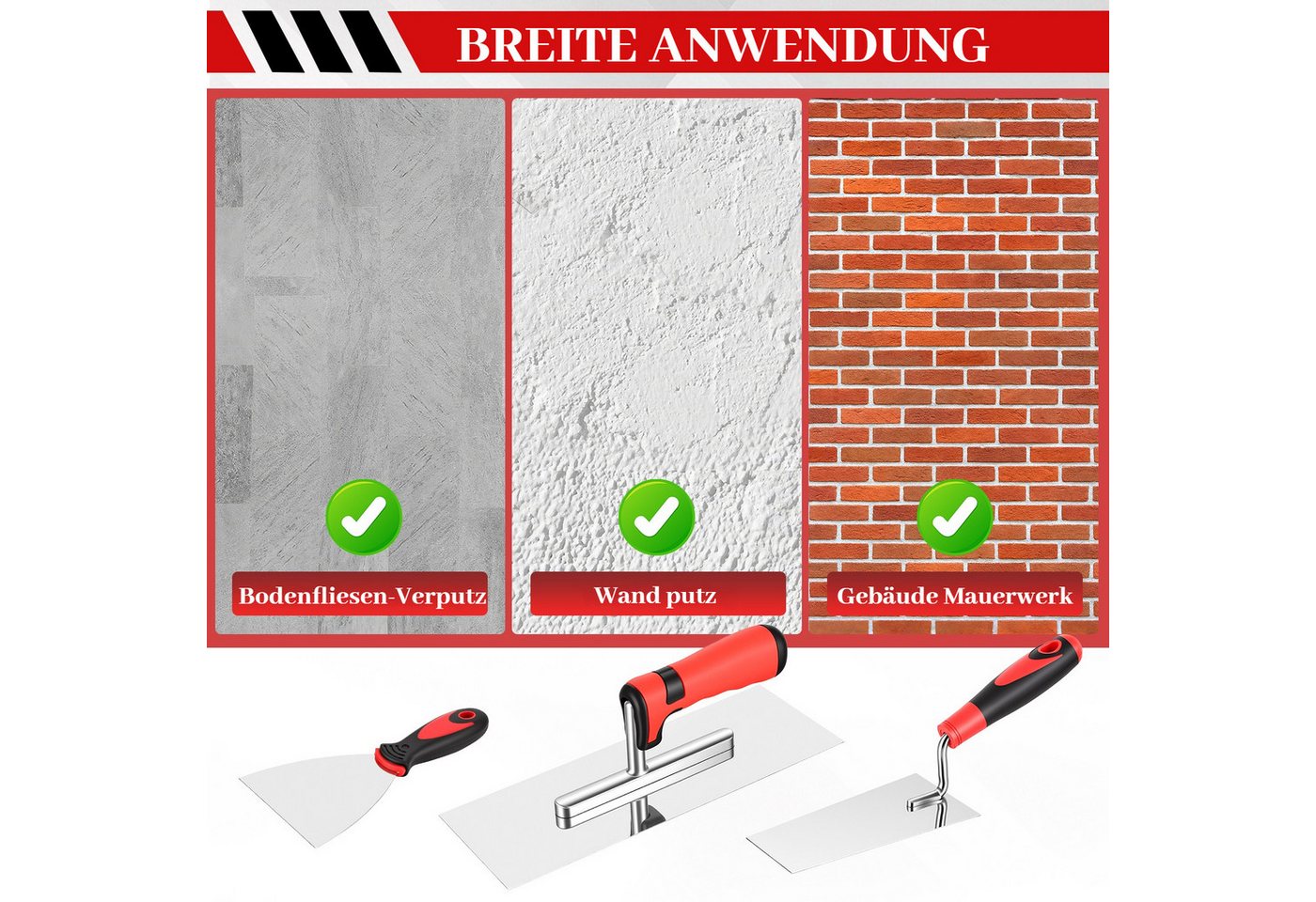 BlingBin Glättekelle 3-teiliges Gipser-Werkzeug-Set aus Edelstahl mit Zementkelle& Messkelle (3er Set, 3-St., 3-teiliges Gipser-Set) Putzwerkzeuge für glatte Wände, Decken und Mauerarbeiten Bild 5