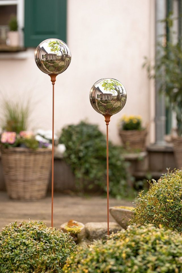 Dekoleidenschaft Gartenstecker "Kugel" aus Metall in Rostoptik 118 cm hoch, Metallstecker Beetstecker (1-St) Dekostecker mit verspiegelter Kugel, Gartendeko für Draußen Bild 4