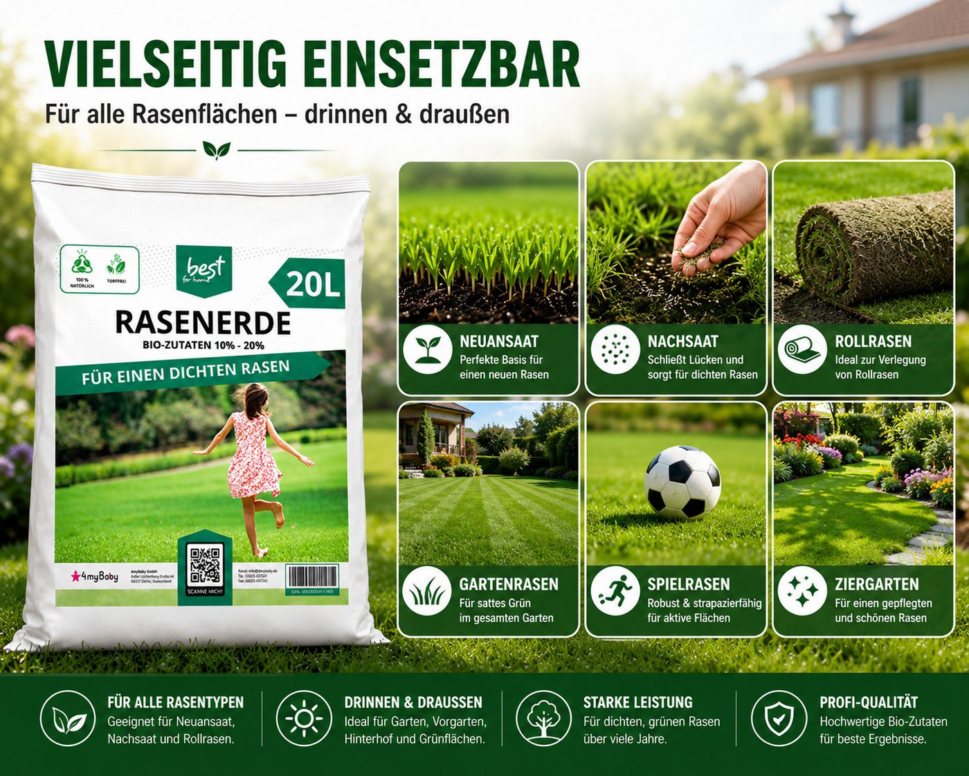 Best for Home Bio-Erde Bio-Blumenerde – Torffrei, für Zimmer- & Balkonpflanzen Rasenerde mit Bio-Zutaten: 10% - 20%, mit Organische Pflanzerde, (Einzelartikel, 1-St., 20L / 50L Sack), Bio und torffrei, ideal für Blumenbeete und Kübel