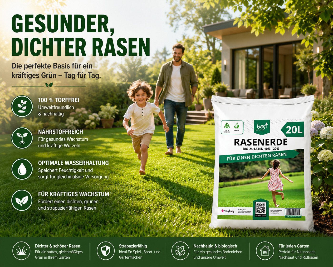 Best for Home Bio-Erde Bio-Blumenerde – Torffrei, für Zimmer- & Balkonpflanzen Rasenerde mit Bio-Zutaten: 10% - 20%, mit Organische Pflanzerde, (Einzelartikel, 1-St., 20L / 50L Sack), Bio und torffrei, ideal für Blumenbeete und Kübel Bild 2