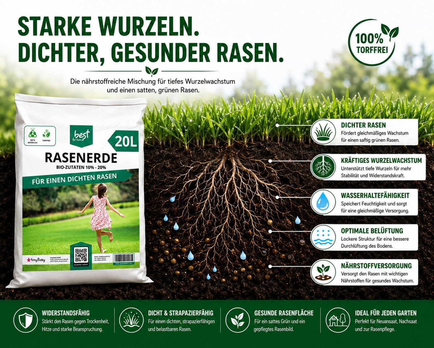 Best for Home Bio-Erde Bio-Blumenerde – Torffrei, für Zimmer- & Balkonpflanzen Rasenerde mit Bio-Zutaten: 10% - 20%, mit Organische Pflanzerde, (Einzelartikel, 1-St., 20L / 50L Sack), Bio und torffrei, ideal für Blumenbeete und Kübel Bild 3