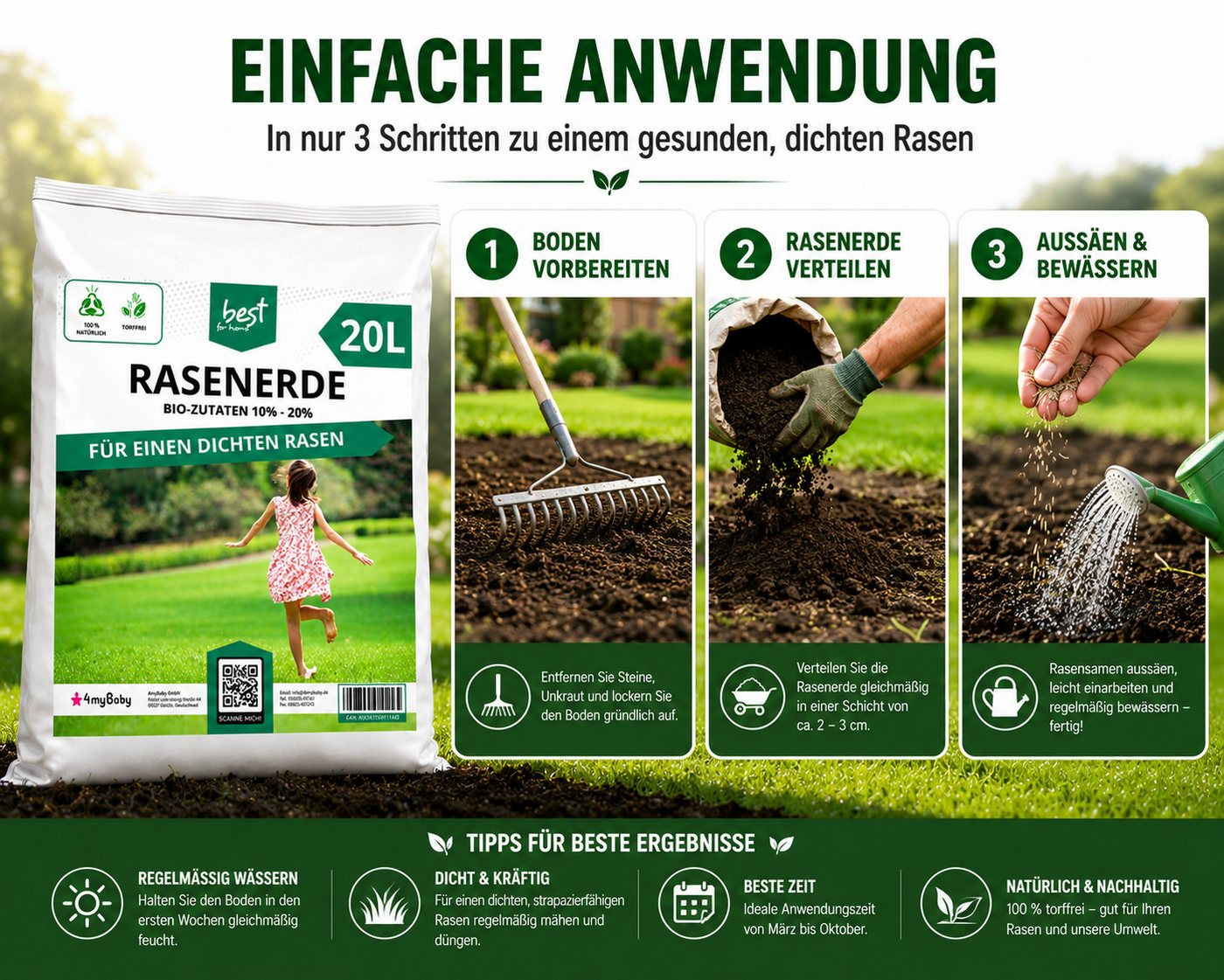 Best for Home Bio-Erde Bio-Blumenerde – Torffrei, für Zimmer- & Balkonpflanzen Rasenerde mit Bio-Zutaten: 10% - 20%, mit Organische Pflanzerde, (Einzelartikel, 1-St., 20L / 50L Sack), Bio und torffrei, ideal für Blumenbeete und Kübel Bild 4