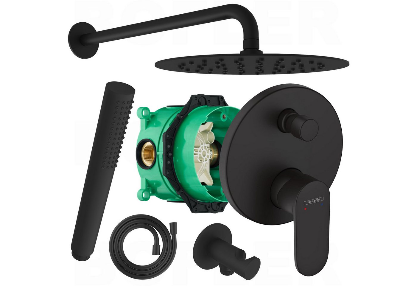 Hansgrohe und Bofler Duscharmatur Vernis Blend Unterputz Armatur für 2 Verbraucher + IBOX 1 (Duschsystem, Duschanlage, Duschset, inkl. BOFLER Duschset #42, Brauseset, Regendusche Ø20cm, Wandarm) matt schwarz, Antikalk-Gummidüsen, Wassersparende Regendusche