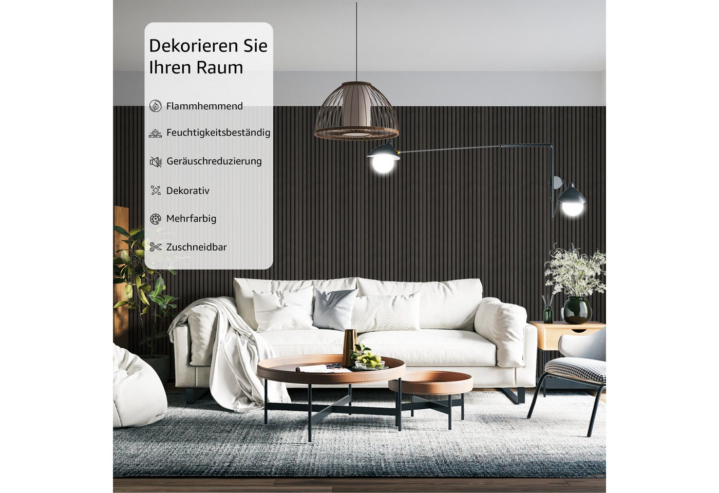 IZODEKOR 3D Wandpaneel Akustikpaneele Holz 60x240 cm – Lamellenwand zur Schalldämmung, BxL: 60x240 cm, 1,44 qm, (2er-Set, 60x240 cm je Paneel, 2,88 m² Gesamtfläche) Akustikfilz, schallabsorbierend, zuschneidbar, einfache Montage Bild 2