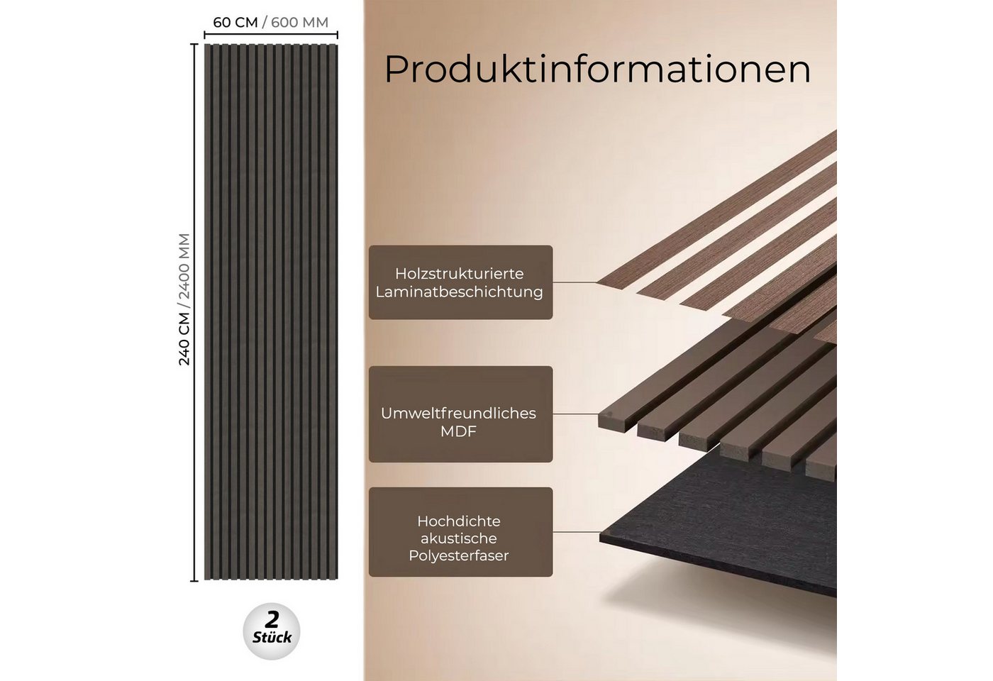 IZODEKOR 3D Wandpaneel Akustikpaneele Holz 60x240 cm – Lamellenwand zur Schalldämmung, BxL: 60x240 cm, 1,44 qm, (2er-Set, 60x240 cm je Paneel, 2,88 m² Gesamtfläche) Akustikfilz, schallabsorbierend, zuschneidbar, einfache Montage Bild 5