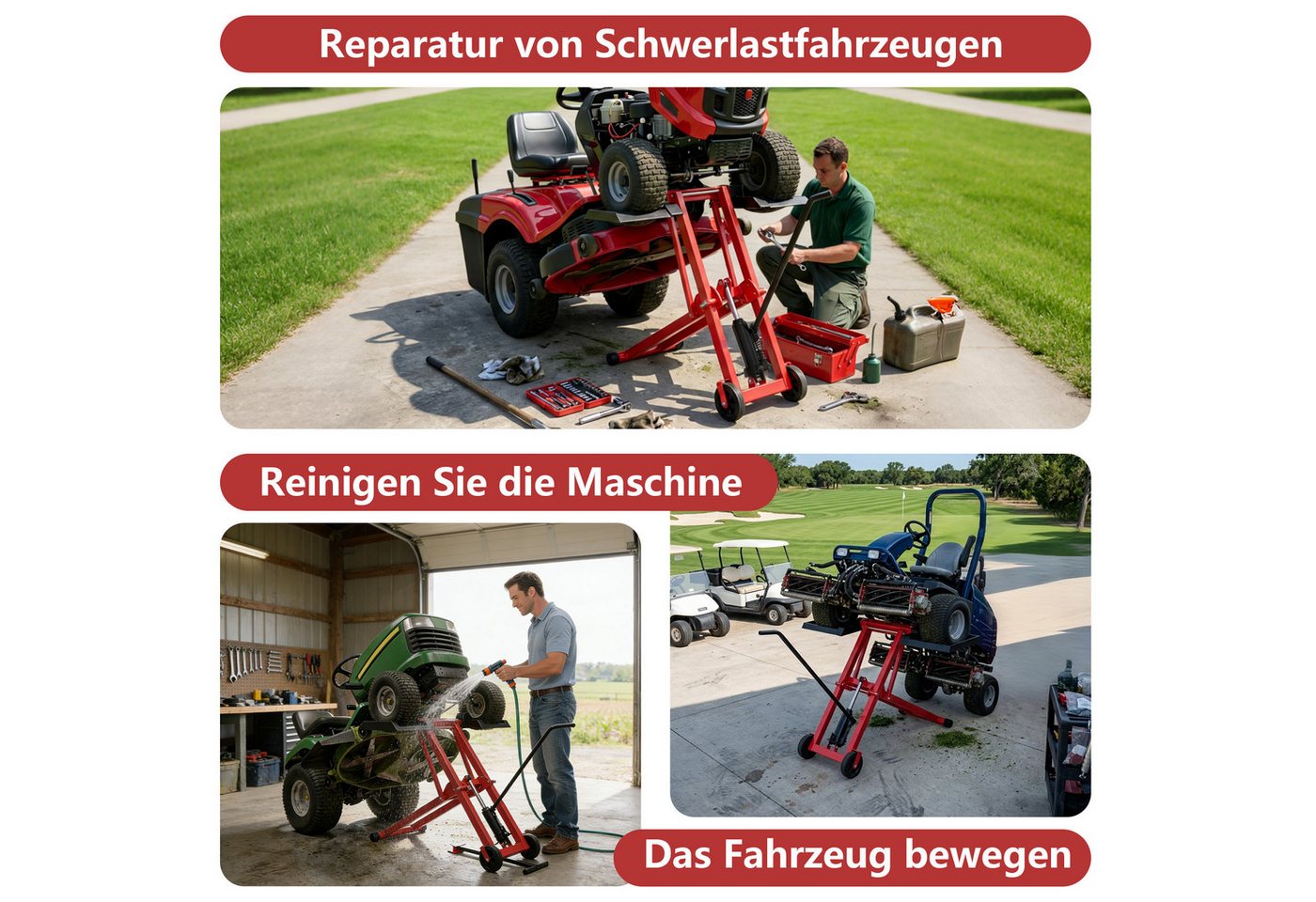 FIVMEN Rasentraktor 3-Fach Höhenverstellbar Hebebühne mit hydraulischem Wagenheber, Rahmen aus Stahl mit PVC-Räder 12 cm, 227 kg Tragkraft, Schwarz/Rot