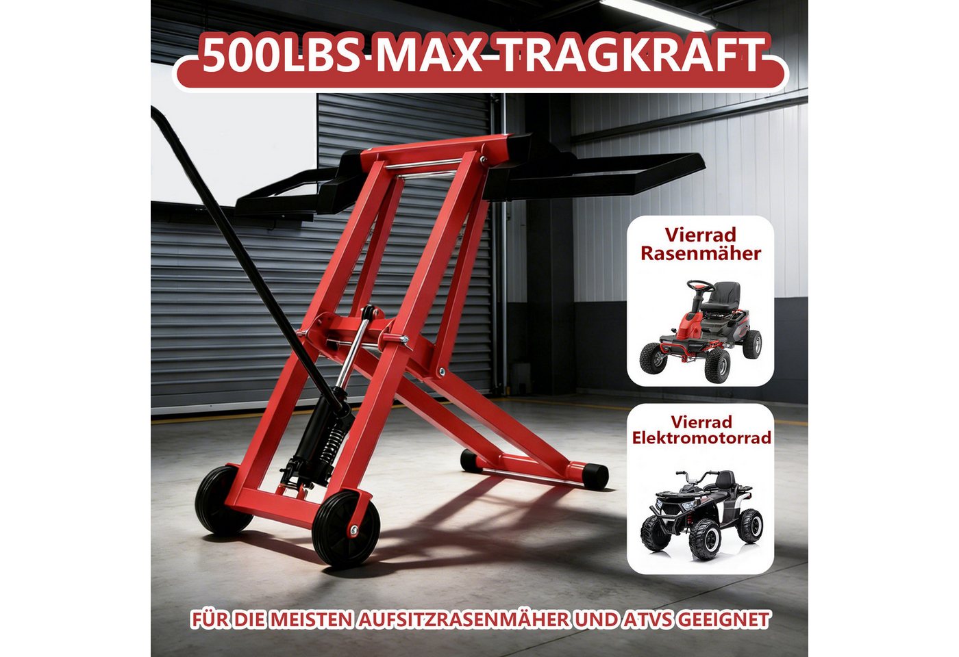 FIVMEN Rasentraktor 3-Fach Höhenverstellbar Hebebühne mit hydraulischem Wagenheber, Rahmen aus Stahl mit PVC-Räder 12 cm, 227 kg Tragkraft, Schwarz/Rot Bild 2