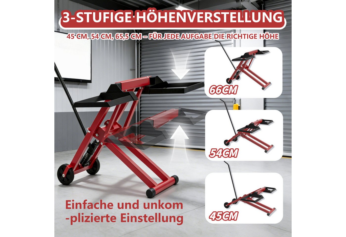 FIVMEN Rasentraktor 3-Fach Höhenverstellbar Hebebühne mit hydraulischem Wagenheber, Rahmen aus Stahl mit PVC-Räder 12 cm, 227 kg Tragkraft, Schwarz/Rot Bild 3
