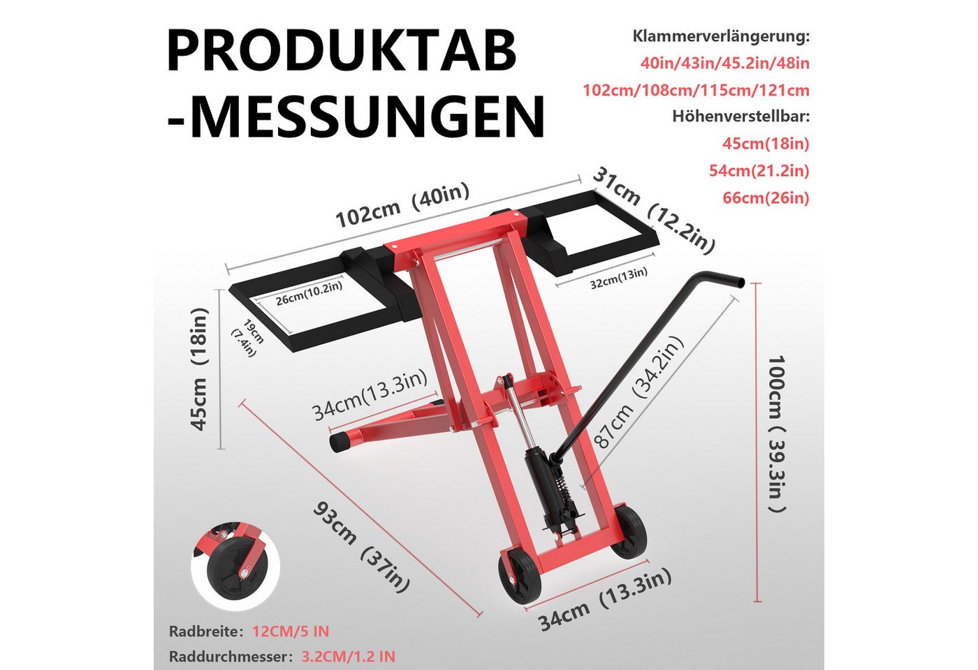 FIVMEN Rasentraktor 3-Fach Höhenverstellbar Hebebühne mit hydraulischem Wagenheber, Rahmen aus Stahl mit PVC-Räder 12 cm, 227 kg Tragkraft, Schwarz/Rot Bild 5