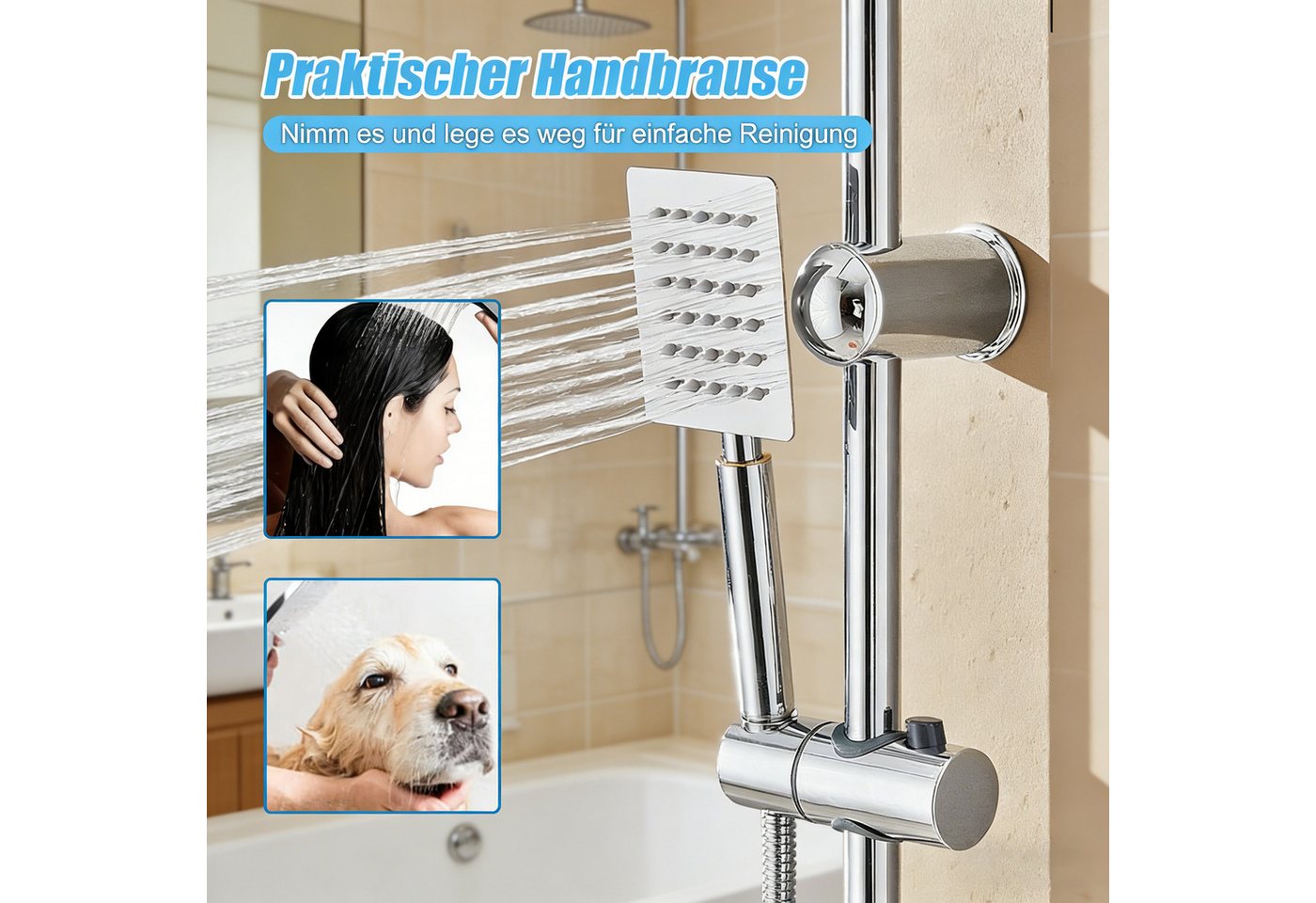 wohnTRAUM24 Stangenbrause-Set Duschsystem Edelstahl Brausegarnitur mit Handbrause Dusche, Regendusche mit quadratischem Duschkopf 20x20cm