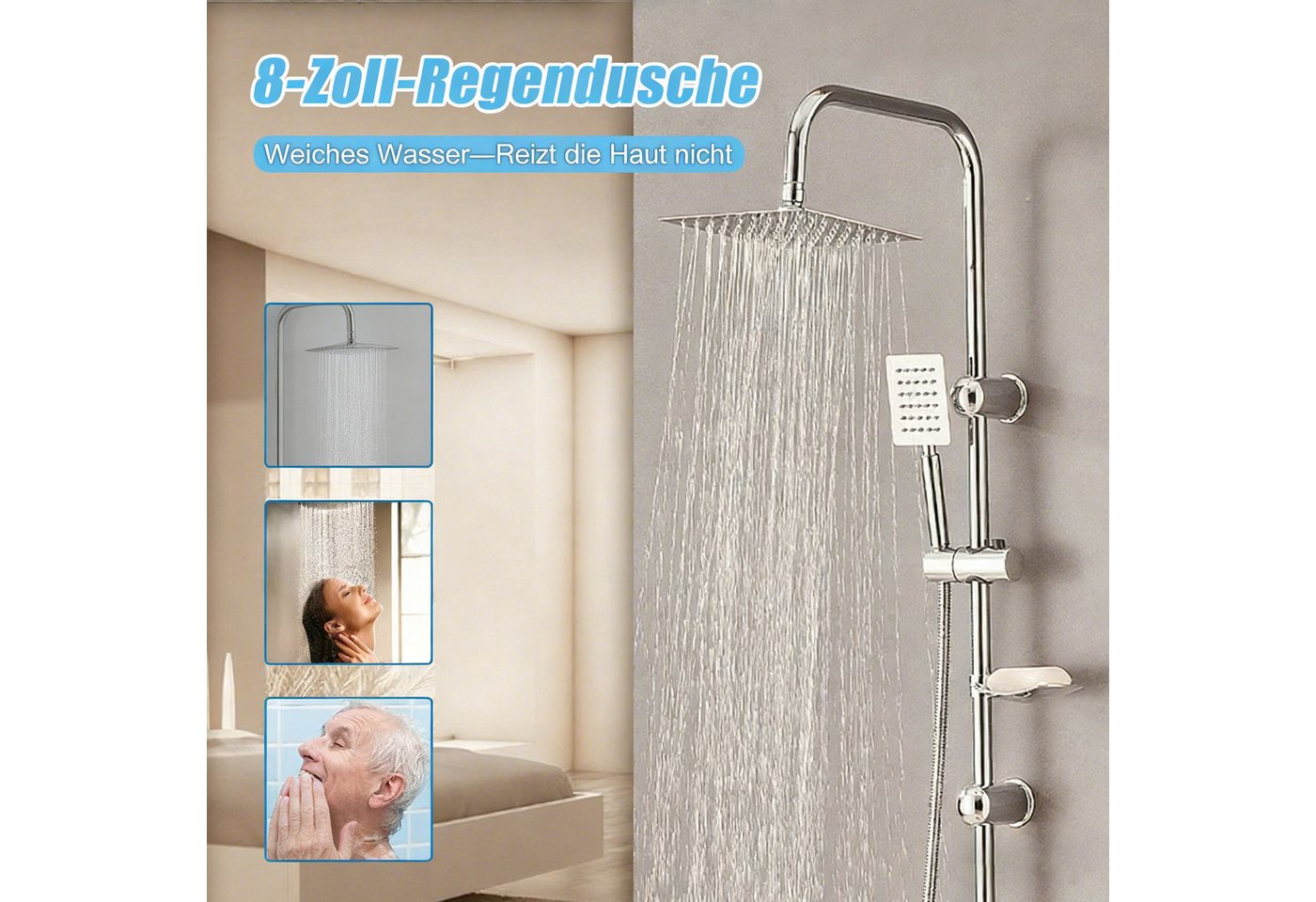 wohnTRAUM24 Stangenbrause-Set Duschsystem Edelstahl Brausegarnitur mit Handbrause Dusche, Regendusche mit quadratischem Duschkopf 20x20cm Bild 2