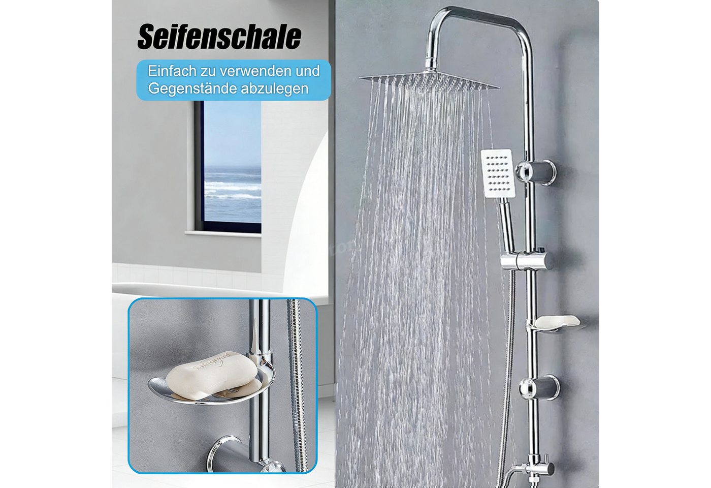 wohnTRAUM24 Stangenbrause-Set Duschsystem Edelstahl Brausegarnitur mit Handbrause Dusche, Regendusche mit quadratischem Duschkopf 20x20cm Bild 4