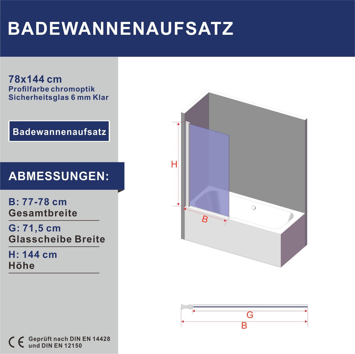 AQUABATOS Badewannenaufsatz Badewannenaufsatz 6mm Sicherheitsglas Glaswand Duschwand für Badewanne, Sicherheitsglas, Chromoptik, Eloxierte Aluminiumprofile, in beide Richtungen drehbar Bild 4