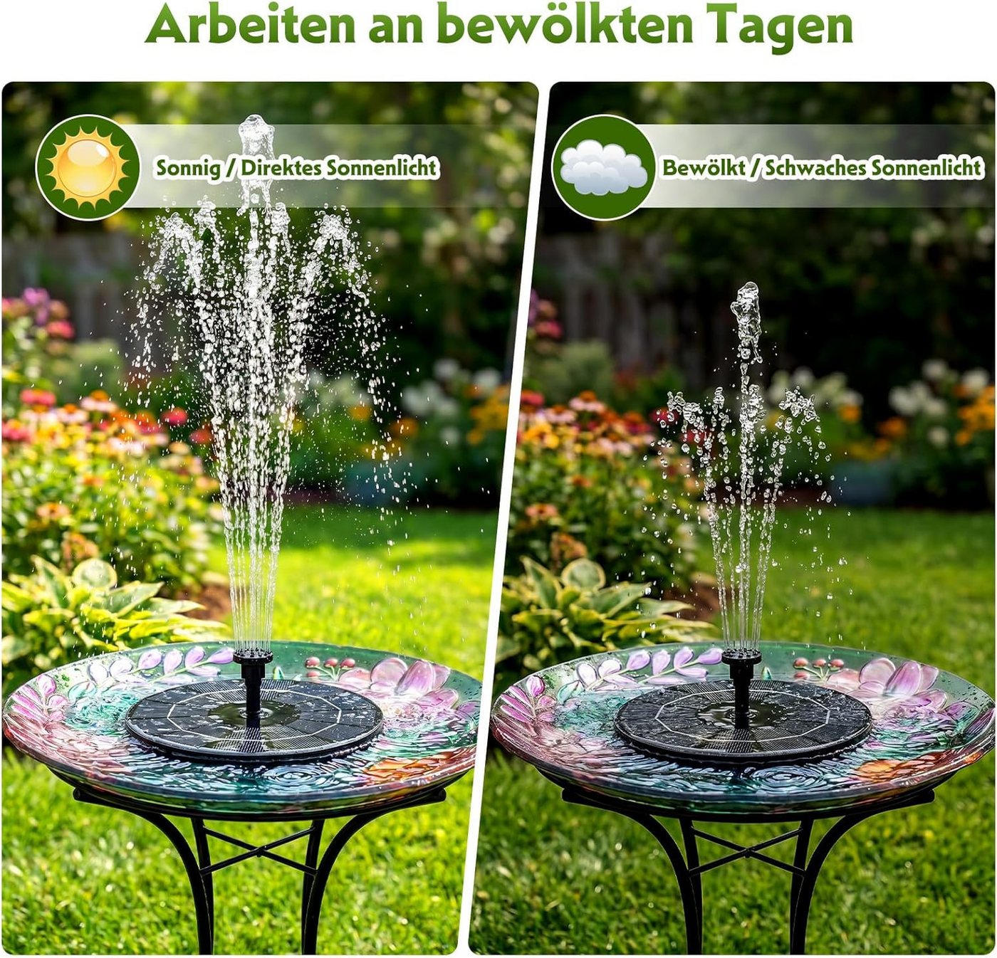 FELIXLEO Gartenbrunnen Solarbrunnen 3.5W Akku 9 Fontänen Garten Vogelbad Teich Pumpe, (1 tlg) Bild 5