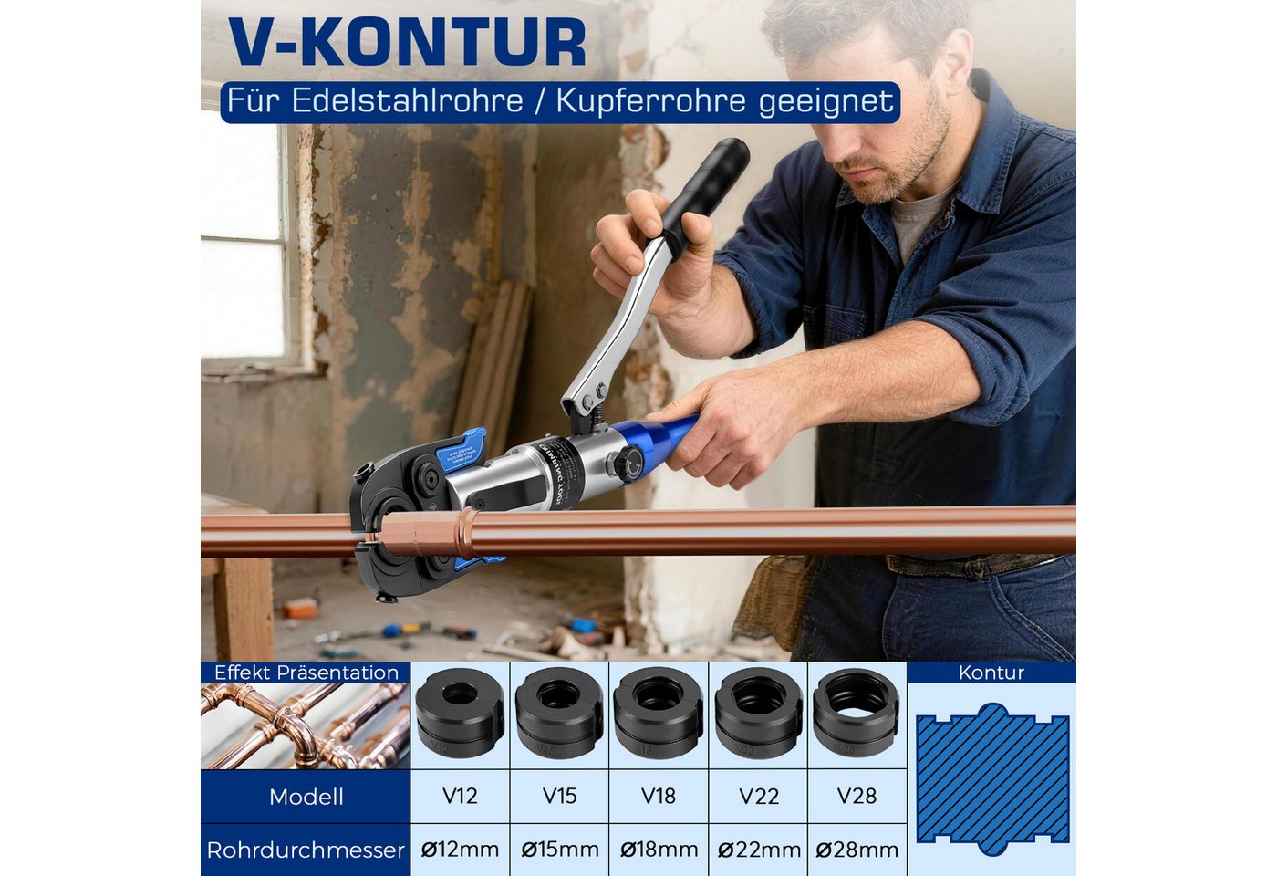 XERSEK Rohrzange 80kN Offenen-Krönbacken Presszange Hydraulische Rohrpresszange, Set 14-tlg., Presswerkzeug mit TH/V-Pressbacken und Rohrschneider, für Edelstahl, Kupfer, PEX & Verbundrohre, 12–32 mm
