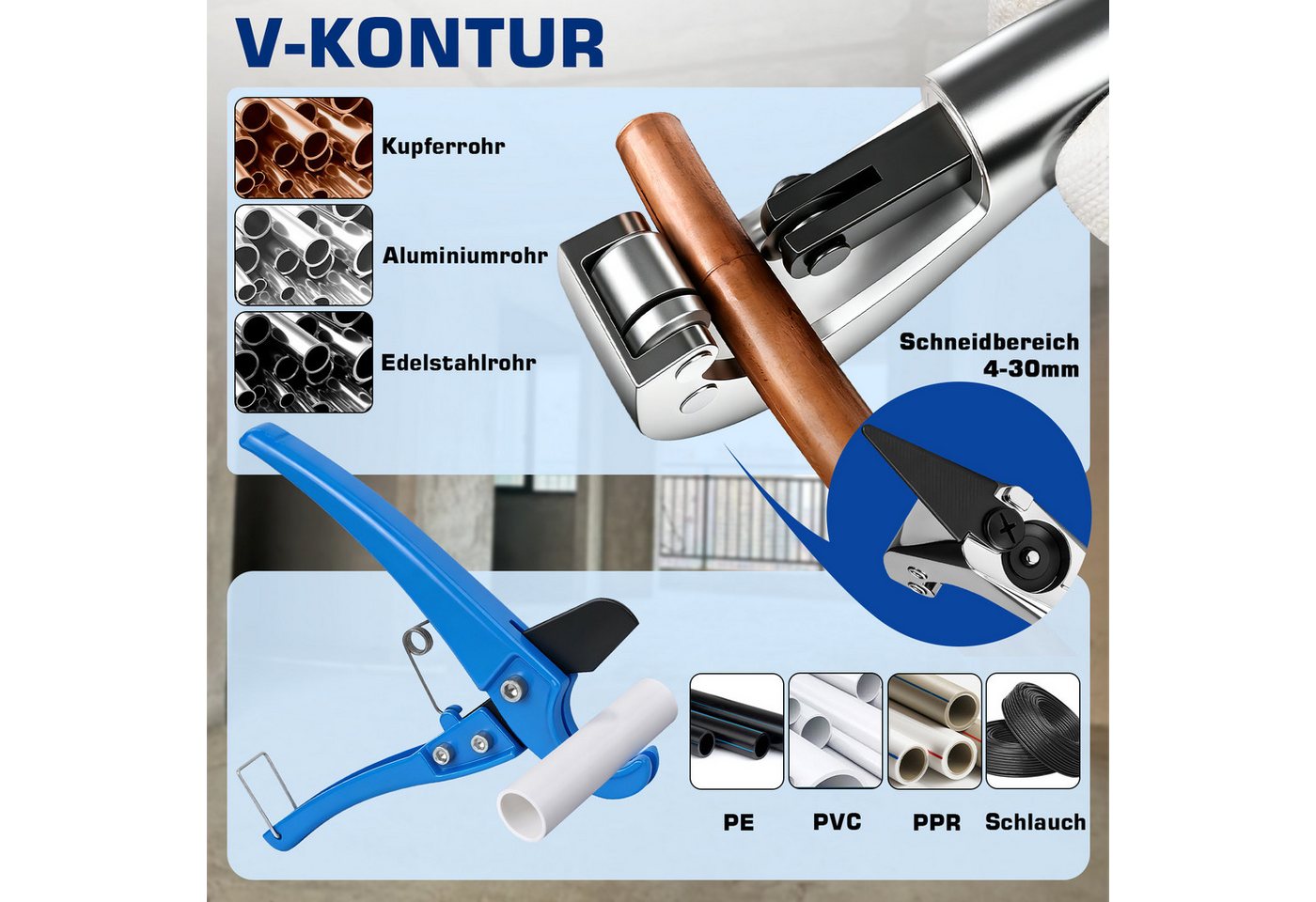 XERSEK Rohrzange 80kN Offenen-Krönbacken Presszange Hydraulische Rohrpresszange, Set 14-tlg., Presswerkzeug mit TH/V-Pressbacken und Rohrschneider, für Edelstahl, Kupfer, PEX & Verbundrohre, 12–32 mm Bild 3