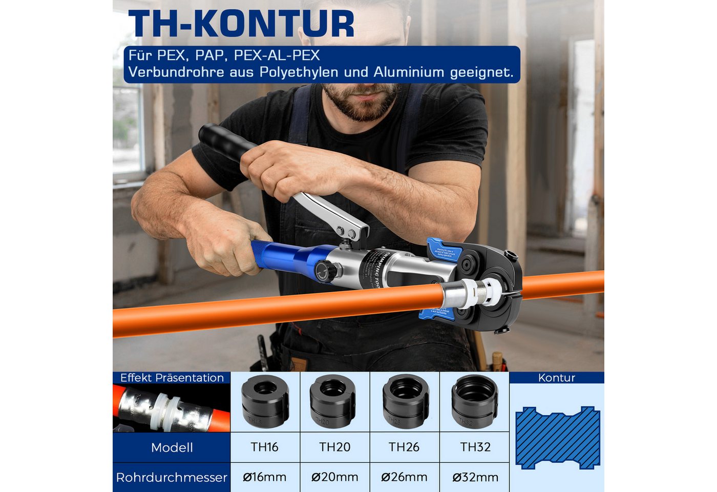 XERSEK Rohrzange 80kN Offenen-Krönbacken Presszange Hydraulische Rohrpresszange, Set 14-tlg., Presswerkzeug mit TH/V-Pressbacken und Rohrschneider, für Edelstahl, Kupfer, PEX & Verbundrohre, 12–32 mm Bild 5