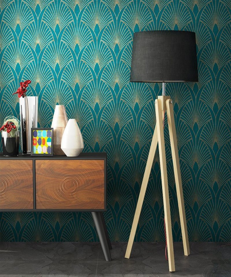 Newroom Vliestapete Muster1 Tapete Mustertapete Pfauenfeder,Blätter,Ornamente, Blau Tapete Pfauenfeder Modern - Mustertapete Retro Gold Petrol Blätter Grafisch für Schlafzimmer Wohnzimmer Küche, Retro