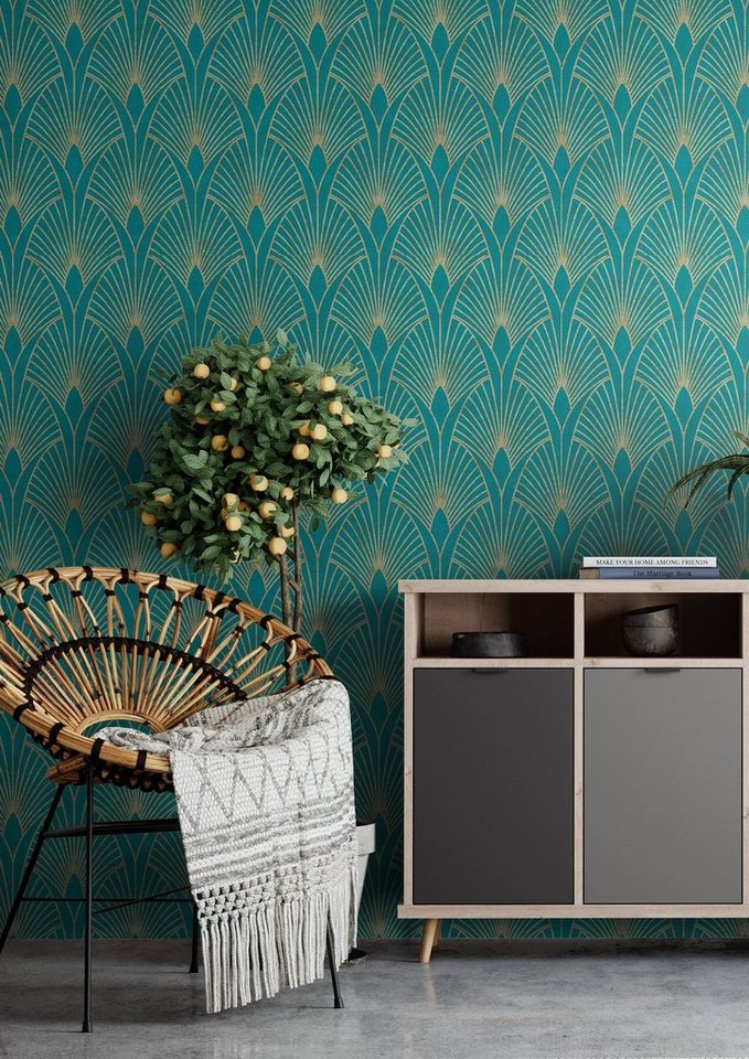 Newroom Vliestapete Muster1 Tapete Mustertapete Pfauenfeder,Blätter,Ornamente, Blau Tapete Pfauenfeder Modern - Mustertapete Retro Gold Petrol Blätter Grafisch für Schlafzimmer Wohnzimmer Küche, Retro Bild 2