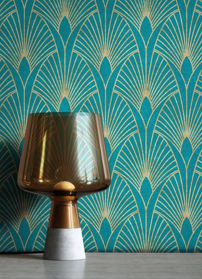 Newroom Vliestapete Muster1 Tapete Mustertapete Pfauenfeder,Blätter,Ornamente, Blau Tapete Pfauenfeder Modern - Mustertapete Retro Gold Petrol Blätter Grafisch für Schlafzimmer Wohnzimmer Küche, Retro Bild 3