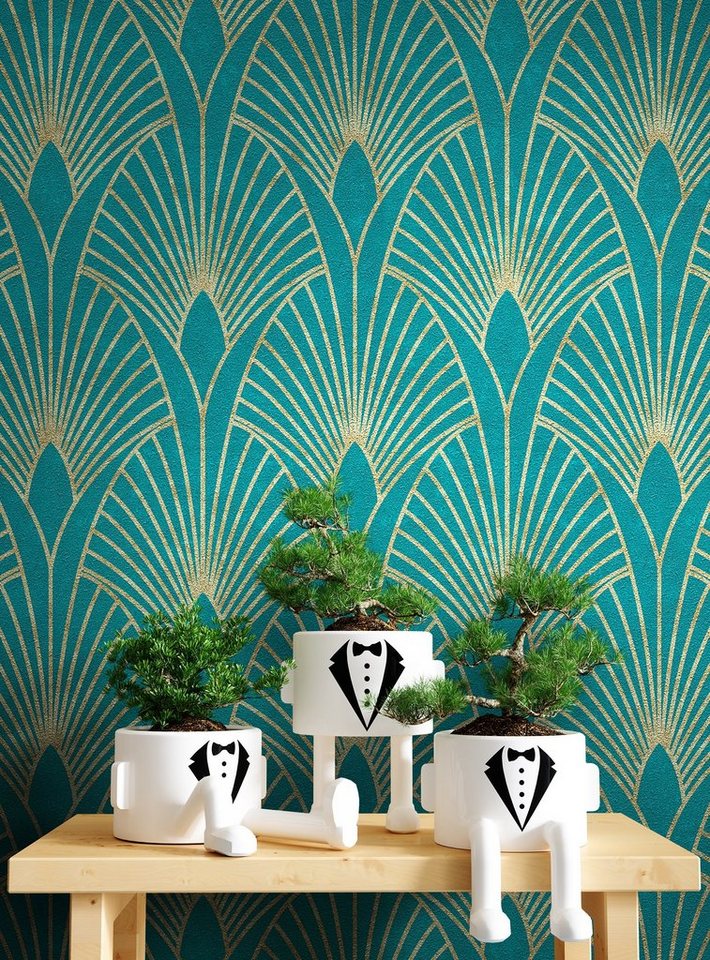 Newroom Vliestapete Muster1 Tapete Mustertapete Pfauenfeder,Blätter,Ornamente, Blau Tapete Pfauenfeder Modern - Mustertapete Retro Gold Petrol Blätter Grafisch für Schlafzimmer Wohnzimmer Küche, Retro Bild 4