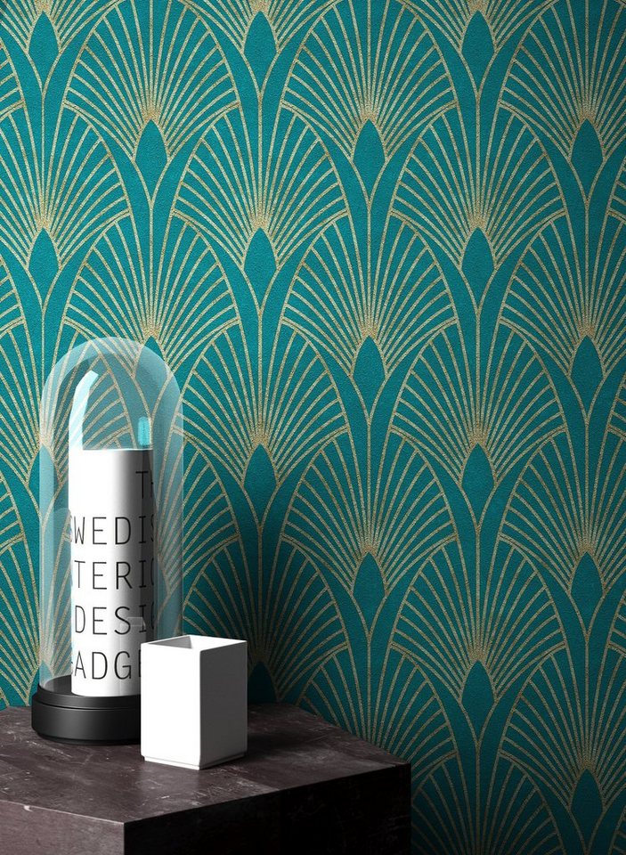 Newroom Vliestapete Muster1 Tapete Mustertapete Pfauenfeder,Blätter,Ornamente, Blau Tapete Pfauenfeder Modern - Mustertapete Retro Gold Petrol Blätter Grafisch für Schlafzimmer Wohnzimmer Küche, Retro Bild 5