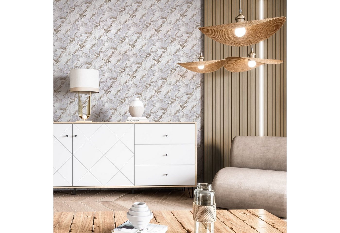 Newroom Vliestapete Strickland Art Hellbraun Tapete Marmor, Hellbraun Tapete Modern - Weiß Hellbraun Grafisch Geometrisch für Wohnzimmer Schlafzimmer Küche, modern Bild 3