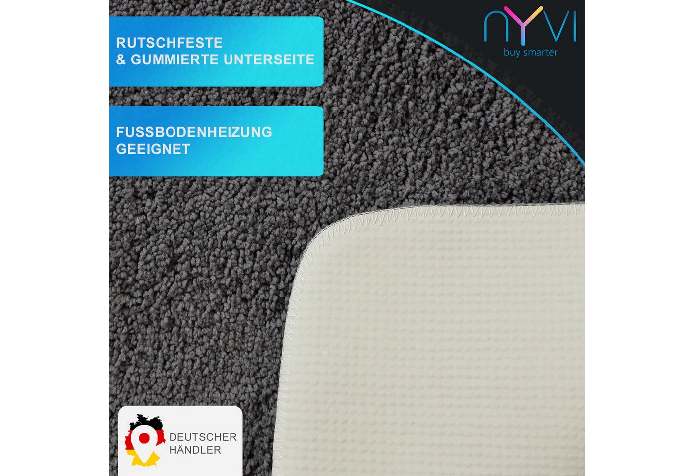 NYVI Badematte WC Vorleger mit Ausschnitt NYVISpa Lasalle Grau Toiletten Teppich, Höhe 20 mm, Polyester, Rutschfest, Saugstark, Schnell Trocknend, Fußbodenheizung geeignet
