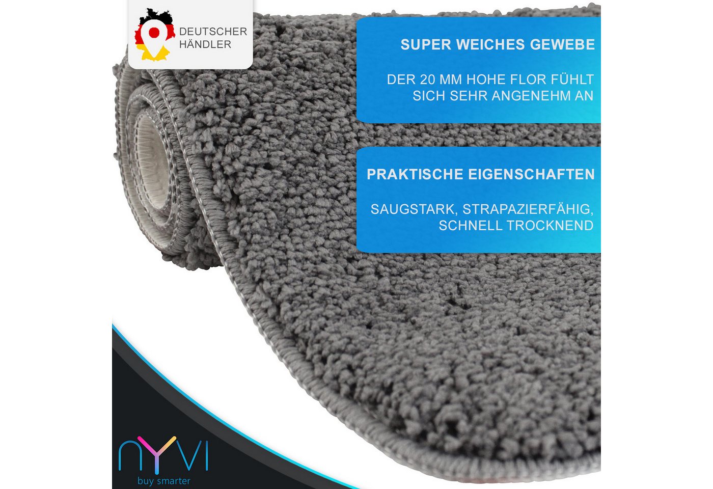 NYVI Badematte WC Vorleger mit Ausschnitt NYVISpa Lasalle Grau Toiletten Teppich, Höhe 20 mm, Polyester, Rutschfest, Saugstark, Schnell Trocknend, Fußbodenheizung geeignet Bild 2