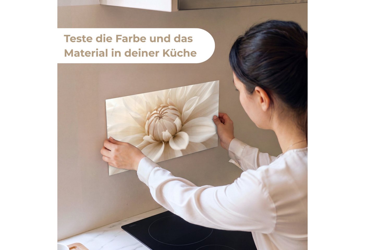 KitchenYeah Küchenrückwand Muster selbstklebend (keine Folie) Blume - Dahlie - Weiß, (1-tlg), Spritzschutz, Küche, Rückwand, Küchenwand, Küchenfront, 30x20 cm
