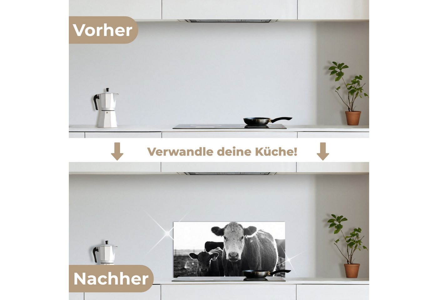 KitchenYeah Küchenrückwand selbstklebend (keine Folie) Kühe - Schwarz und weiß, (1-tlg), Küchenrückwand, Spritzschutz, Kitchen, 60x30 cm