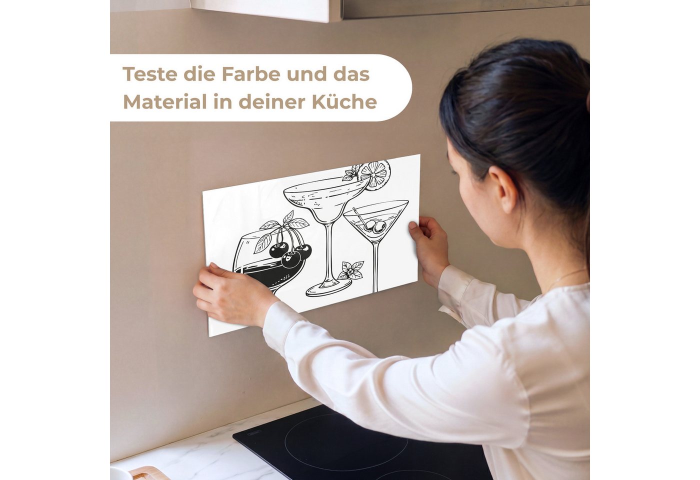 KitchenYeah Küchenrückwand Muster selbstklebend (keine Folie) Gläser - Cocktails - Schwarz und we, (1-tlg), Spritzschutz, Küche, Rückwand, Küchenwand, Küchenfront, 30x20 cm