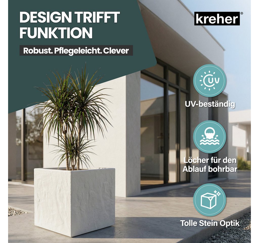 Kreher Pflanzkübel 'Riven' aus Kunststoff, Stein Optik, 40x40x40 cm, Hellgrau (2 St)