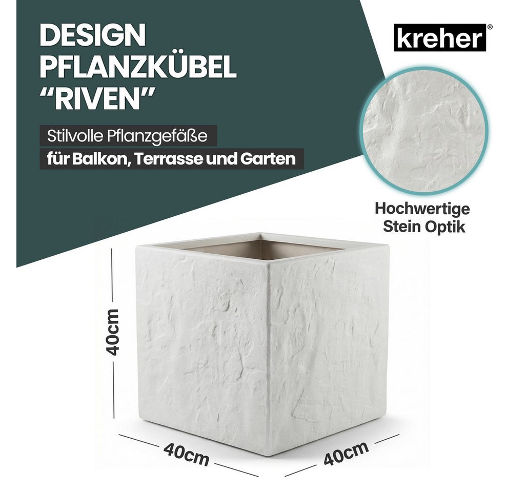 Kreher Pflanzkübel 'Riven' aus Kunststoff, Stein Optik, 40x40x40 cm, Hellgrau (2 St) Bild 2