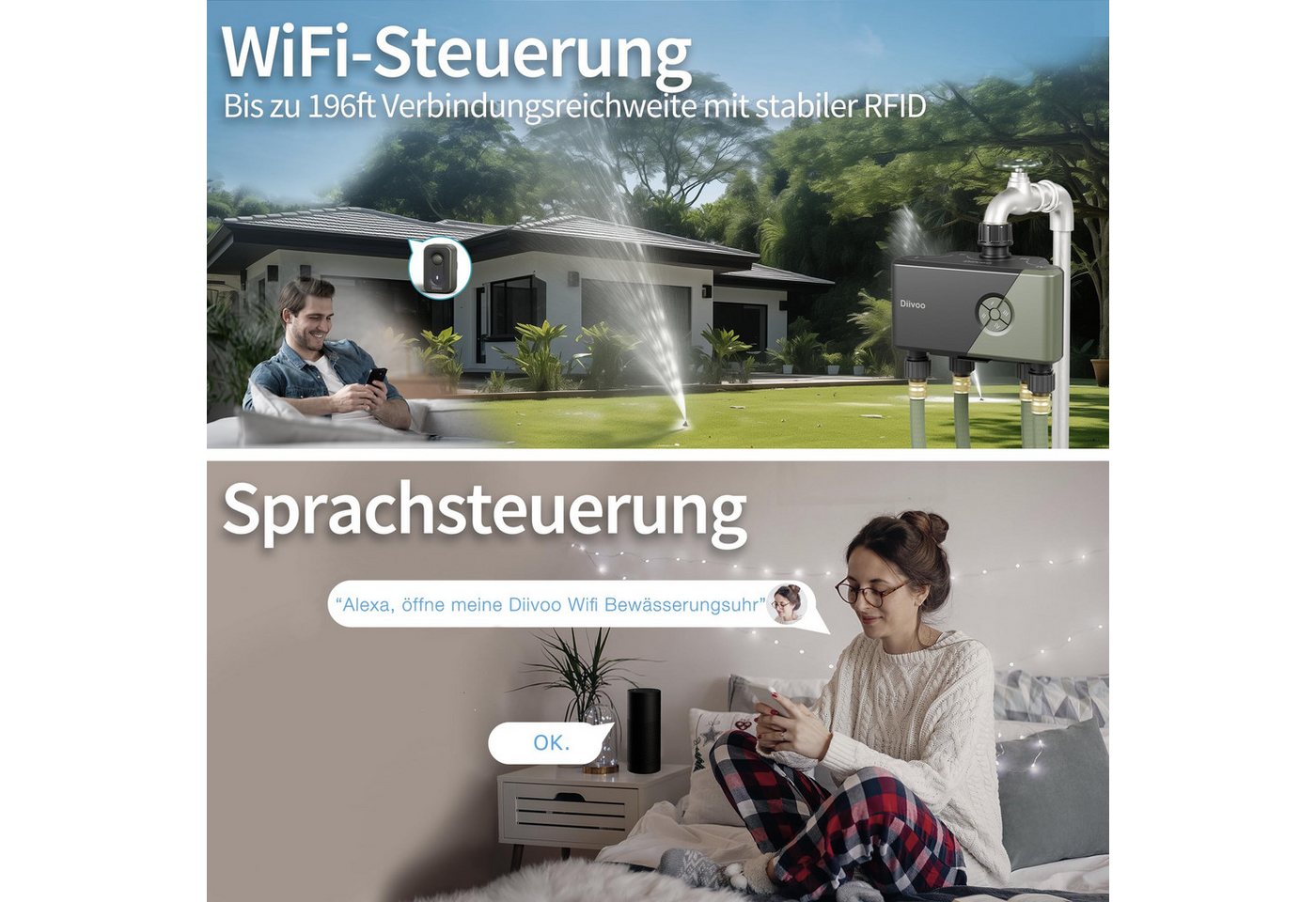Diivoo Bewässerungssystem Bewässerungscomputer WLAN 4 Ausgänge, Wasser-Timer mit HomGar-App, (Wasser Zeitschaltuhr mit Alexa Sprachsteuerung) Bild 5