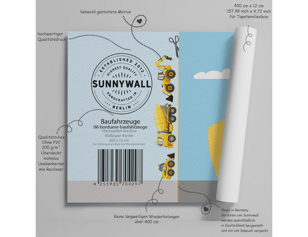 Sunnywall Bordüre Baufahrzeuge (Bordüre - 400 cm), Auto, (1 St), hochwertige 200 g/m² Vliestapete