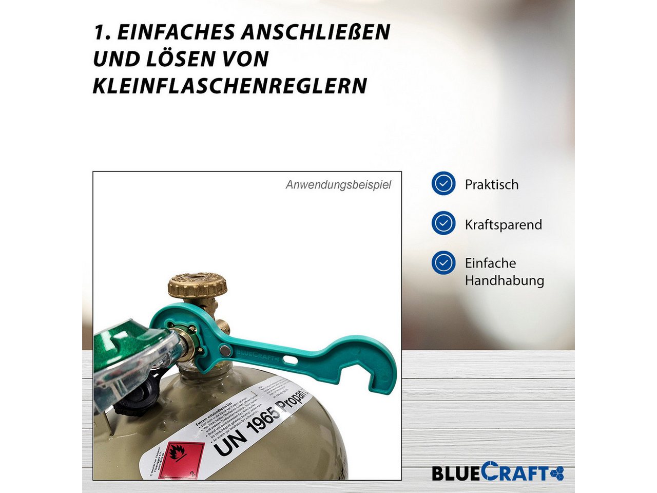 BlueCraft Druckminderer Zubehör Schlüssel 17mm für Überwurfmutter 1/4'' für Gasflasche, (2 in 1 Gasregler-Schlüssel mit Magnet), 5kg 11kg, Gasregler, Gasschlauch, Gasgrill, Gasofen, Gaskocher Bild 2