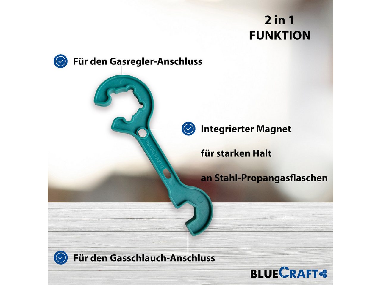 BlueCraft Druckminderer Zubehör Schlüssel 17mm für Überwurfmutter 1/4'' für Gasflasche, (2 in 1 Gasregler-Schlüssel mit Magnet), 5kg 11kg, Gasregler, Gasschlauch, Gasgrill, Gasofen, Gaskocher Bild 3