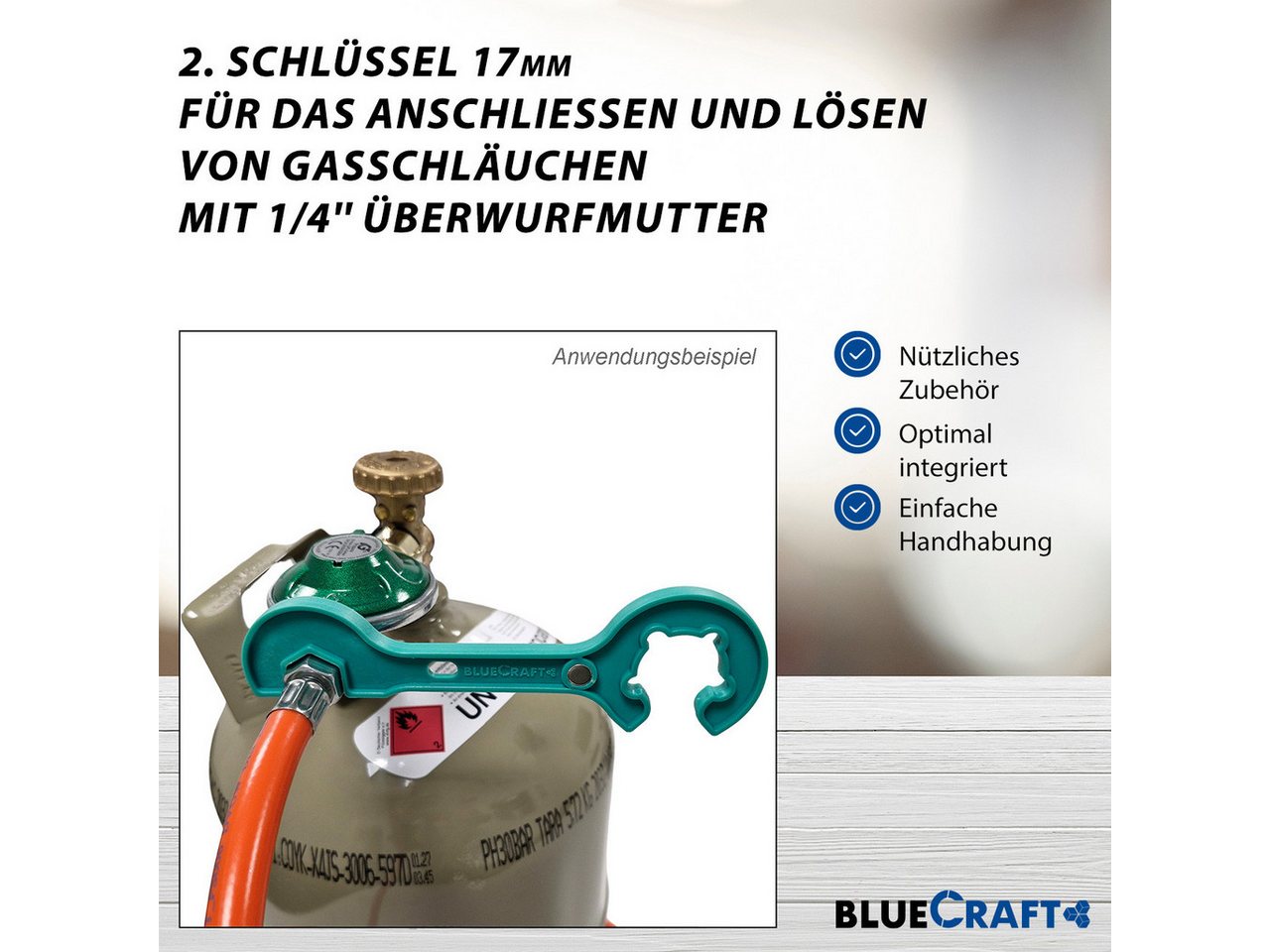 BlueCraft Druckminderer Zubehör Schlüssel 17mm für Überwurfmutter 1/4'' für Gasflasche, (2 in 1 Gasregler-Schlüssel mit Magnet), 5kg 11kg, Gasregler, Gasschlauch, Gasgrill, Gasofen, Gaskocher Bild 5