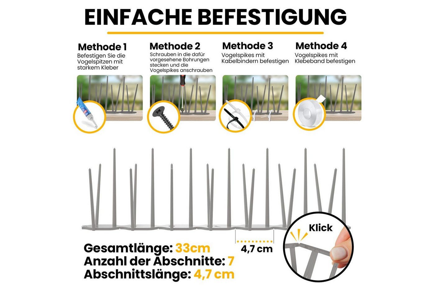 KONZEPT Taubenspikes Taubenabwehr für Balkon, Garten, Terasse - Vogelschreck 3-reihig, Set, 6-St., für Balkon, Fensterbank, Dachbalken - Tierfreundlich, 6 stk. x 33 cm Bild 2