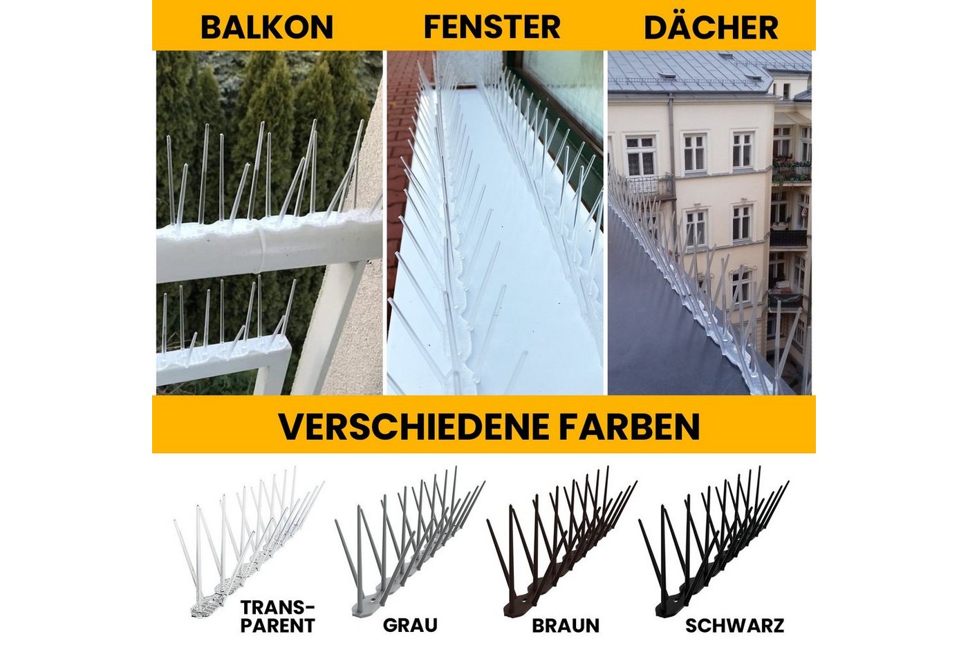KONZEPT Taubenspikes Taubenabwehr für Balkon, Garten, Terasse - Vogelschreck 3-reihig, Set, 6-St., für Balkon, Fensterbank, Dachbalken - Tierfreundlich, 6 stk. x 33 cm Bild 3