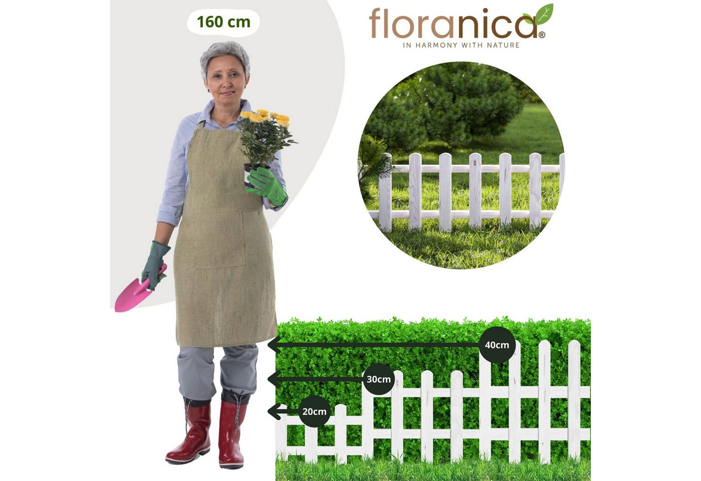 Floranica Zierzaun Vorgartenzaun, Beeteinfassung, Beetumrandung, Steckzaun Zierzaun, (20 x 100 cm, 1-St., Weiß), Gartenzaun aus Holz für Wege Beeten, Dekozaun Lattenzaun Bild 3