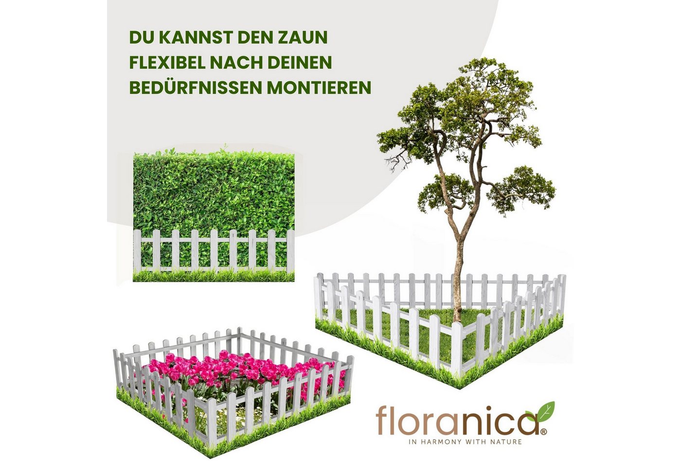Floranica Zierzaun Vorgartenzaun, Beeteinfassung, Beetumrandung, Steckzaun Zierzaun, (20 x 100 cm, 1-St., Weiß), Gartenzaun aus Holz für Wege Beeten, Dekozaun Lattenzaun Bild 4