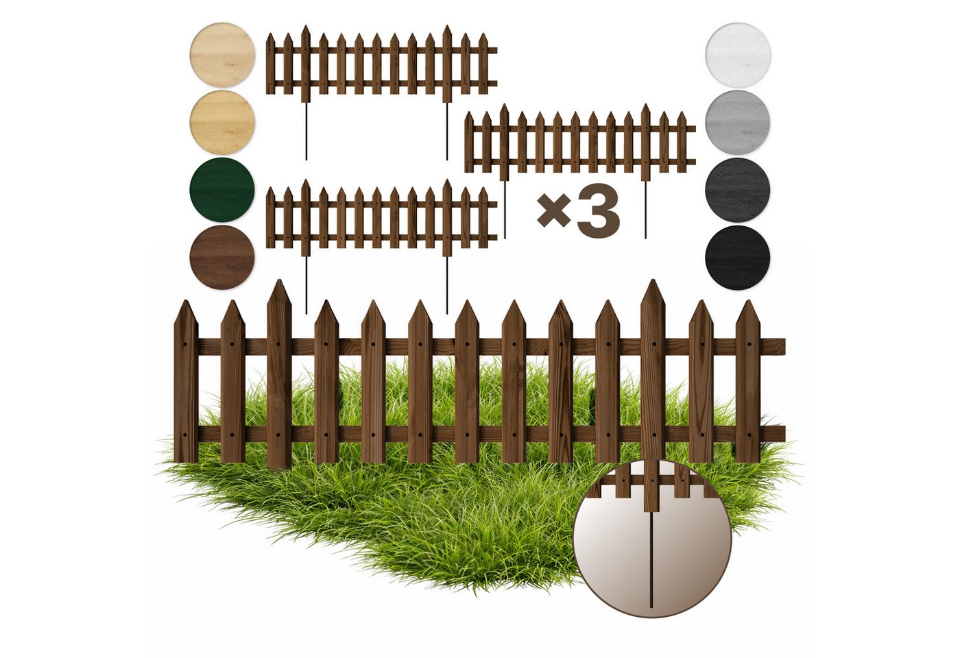 Floranica Zierzaun Vorgartenzaun Steckzaun Gartenzaun Zierzaun Lattenzaun Friesenzaun, (20 x 100 cm, 3-St., Braun), Blummen Beeten Zaun aus Holz mit Metalpfosten, Beetabgrenzung