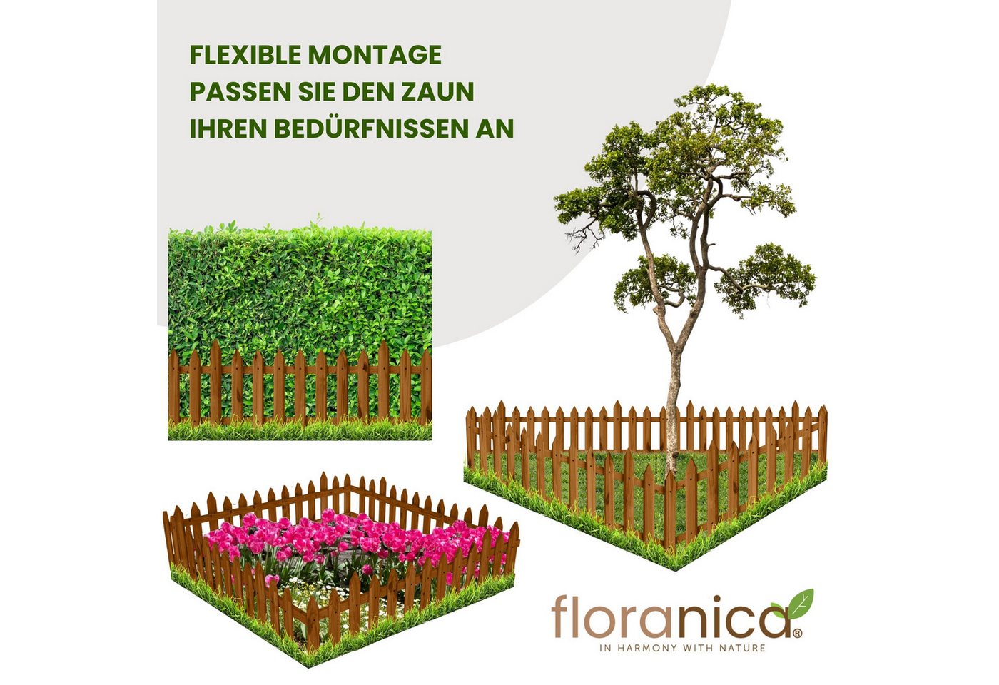 Floranica Zierzaun Vorgartenzaun Steckzaun Gartenzaun Zierzaun Lattenzaun Friesenzaun, (20 x 100 cm, 3-St., Braun), Blummen Beeten Zaun aus Holz mit Metalpfosten, Beetabgrenzung Bild 2