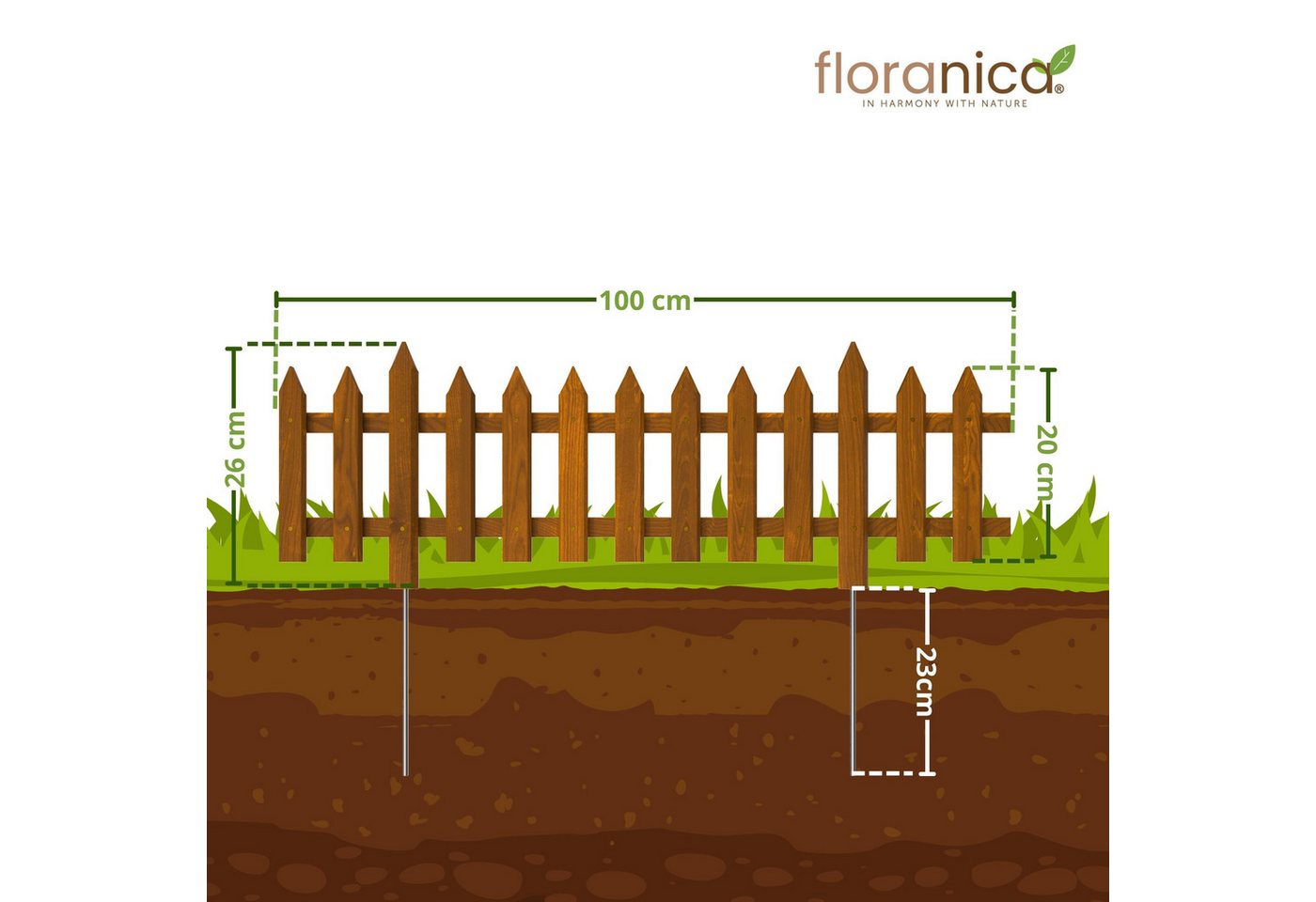 Floranica Zierzaun Vorgartenzaun Steckzaun Gartenzaun Zierzaun Lattenzaun Friesenzaun, (20 x 100 cm, 3-St., Braun), Blummen Beeten Zaun aus Holz mit Metalpfosten, Beetabgrenzung Bild 4