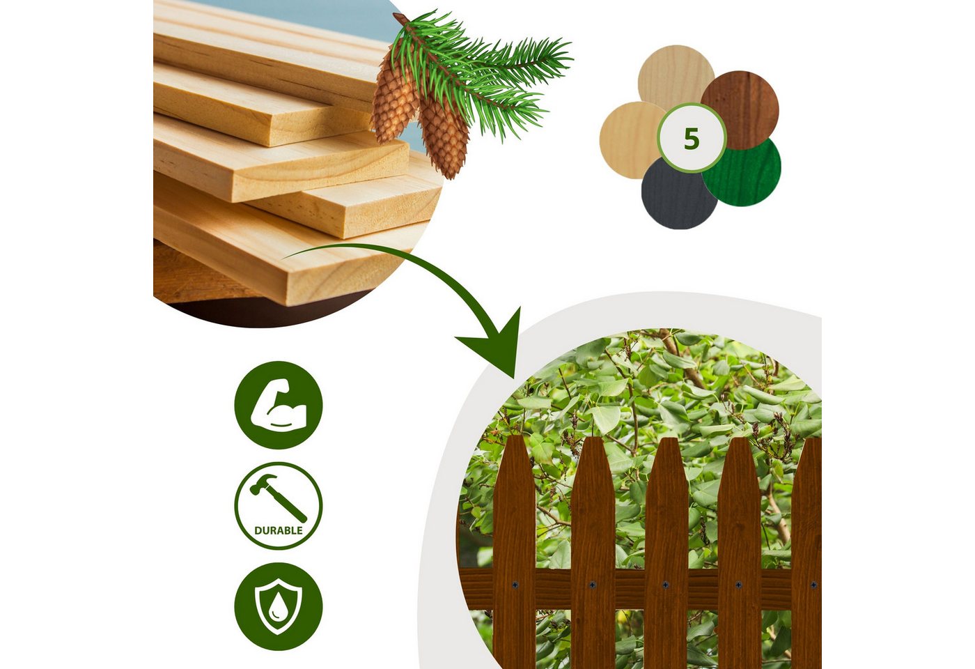 Floranica Zierzaun Vorgartenzaun Steckzaun Gartenzaun Zierzaun Lattenzaun Friesenzaun, (20 x 100 cm, 3-St., Braun), Blummen Beeten Zaun aus Holz mit Metalpfosten, Beetabgrenzung Bild 5