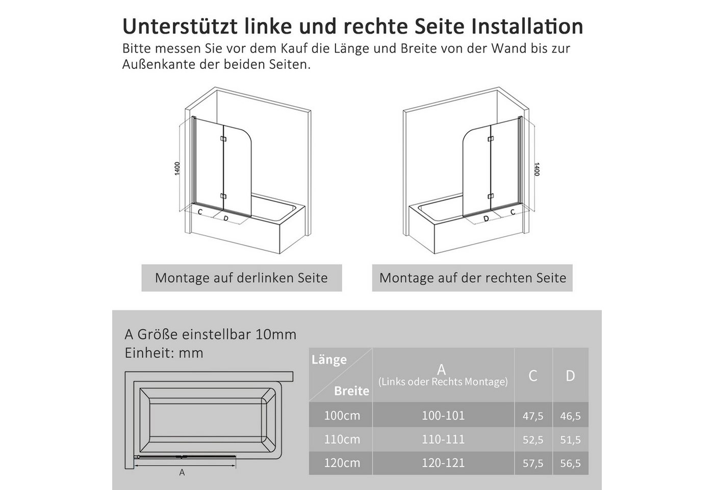 Boromal Badewannenfaltwand Badewannenaufsatz 2-teilig Duschwand Faltbar für Dusche 6 mm ESG 140H, Einscheibensicherheitsglas, Beidseitige Nanobeschichtung